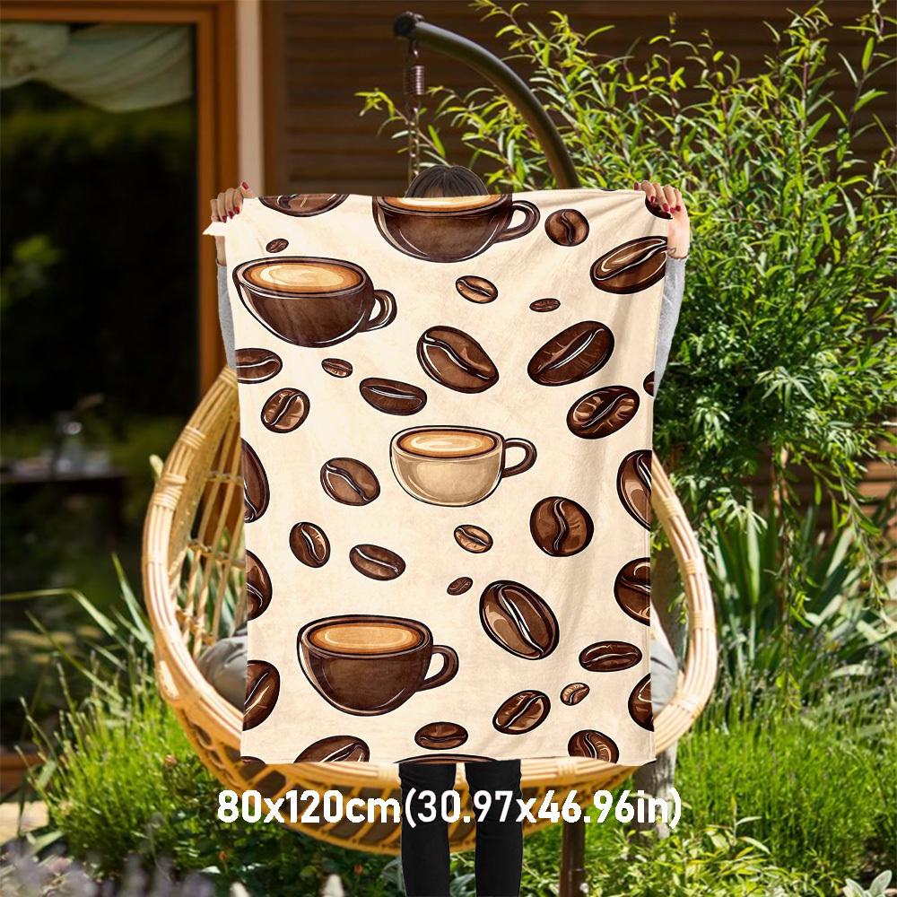 1pc Coffee Beans Coffee Cups Outdoor Flannel Blanket Soft Warm All-Season Throw for Sofa Bed Car Camping Office, Cozy Gift Idea1253S