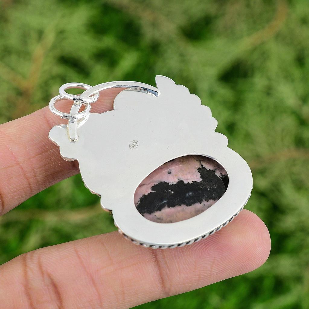 Heart Chakra Natural Rhodonite 925 Sterling Silver Anniversary Wedding Pendant