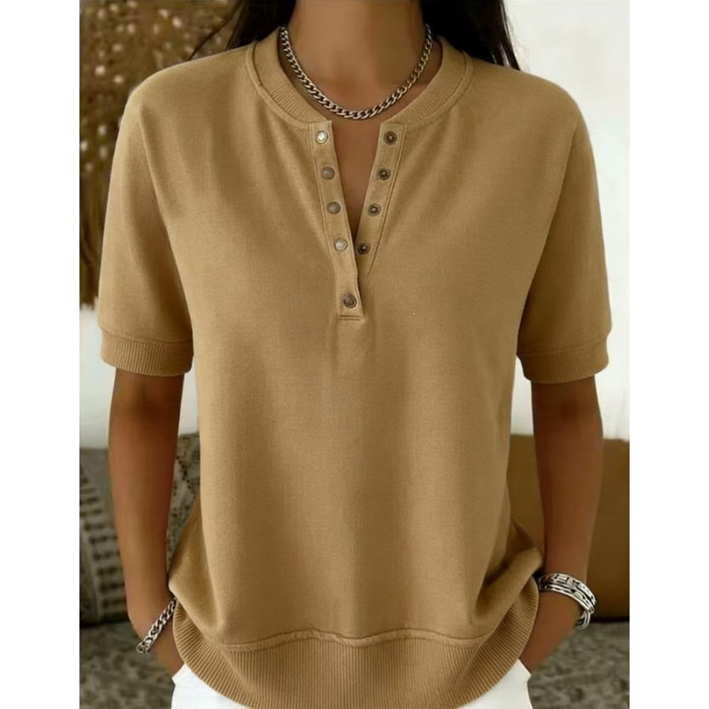 Women's Henley V Neck Partial Button Short Sleeve Solid Color Casual T Shirt Loose Daily Basic Blouse