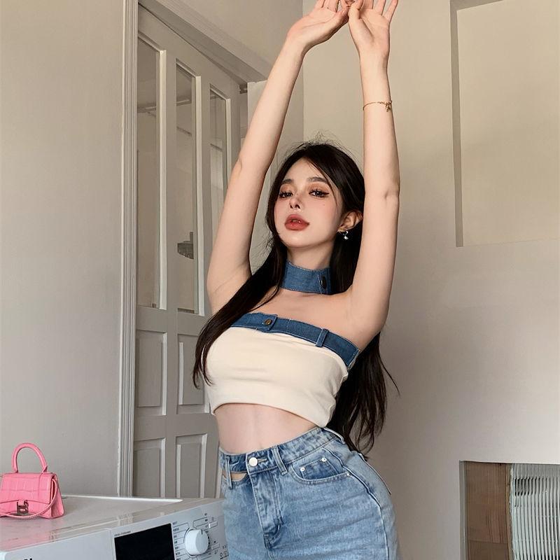 Spicy Girl Patchwork Strapless Denim Crop Top - Sexy, Slim-Fit, One-Shoulder Camisole