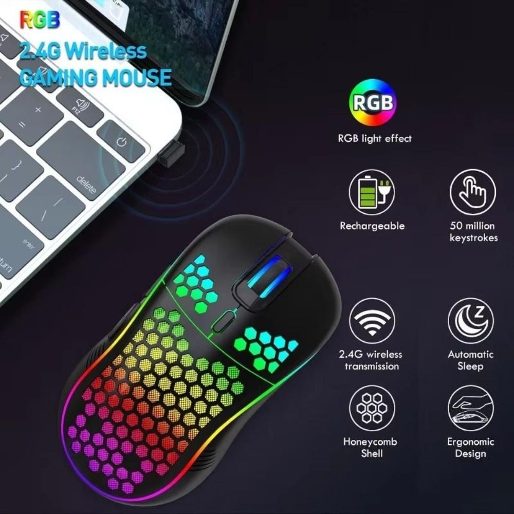 Adjustable DPI RGB Lighting Mouse Rechargeable Honeycomb Shell Gaming Mouse Colorful Ergonomic Design 2.4G Wireless Mouse