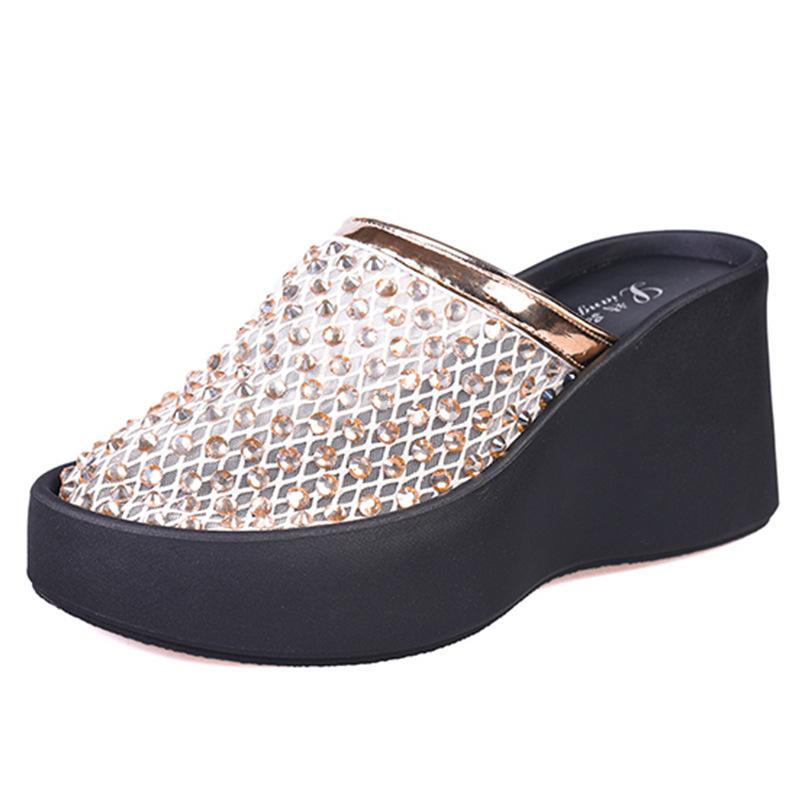 Full diamond high-heeled fashion cool slippers women's 2025 summer new wear casual thick-bottomed wedge one-word slippers