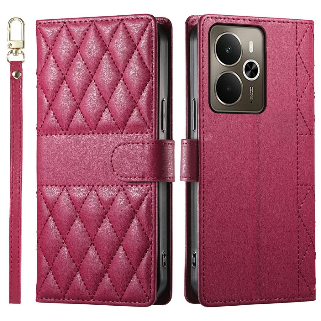 Für Realme 14 5G Hülle Rautensteppung Brieftasche Ständer Leder Handyhülle mit langem/kurzem Riemen