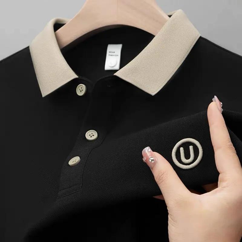 Ice silk short-sleeved T-shirt for men, new summer high-end embroidered luxurious silky quick-dry breathable polo shirt.