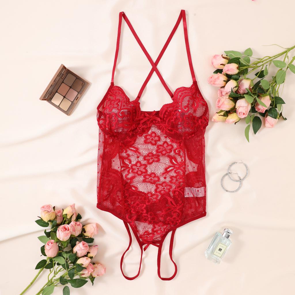 Red Crotchless Sexy Women's Underwear Lace Hollow Bow Backless Bodysuit Teddy Babydoll Erotic Costume Exotic Porn Lingerie Set