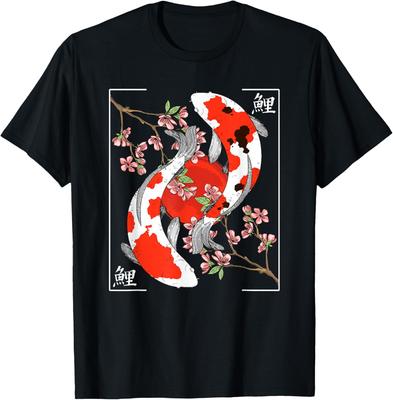 T-shirt Graphique Japonais Poisson Koi Fleur de Cerisier Respirant Manches Courtes Décontracté Cadeau