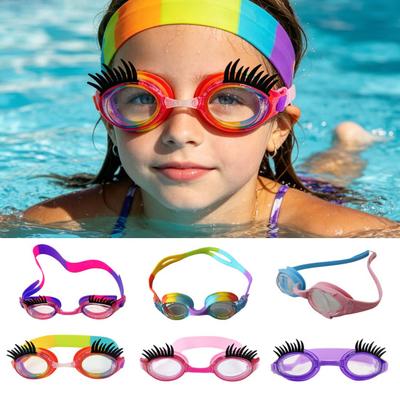 Kids Swim Goggles with Eyelashes Waterproof No Leakage Anti-Fog UV Protection Clear Lens Boys Girls Silicone Swimming Goggles with Lashes