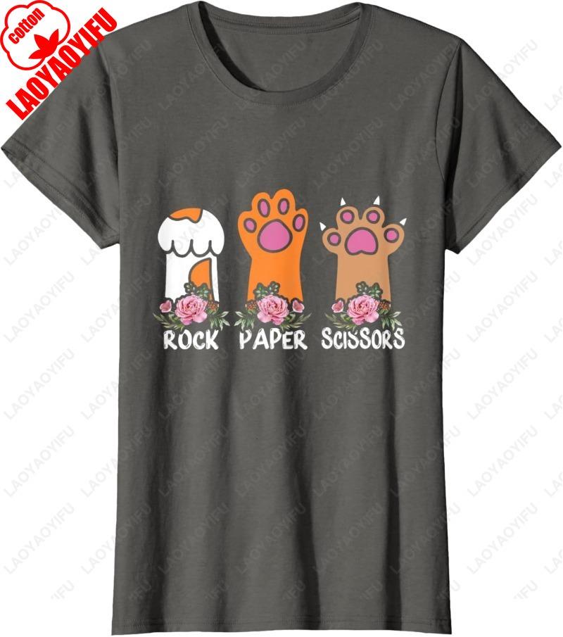 Rock Paper Scissors Hand Game Meme Animal Paw Flower Cat Men Women Cotton TShirt Trend Cute Meowy Oneck Printed Unisex Tops