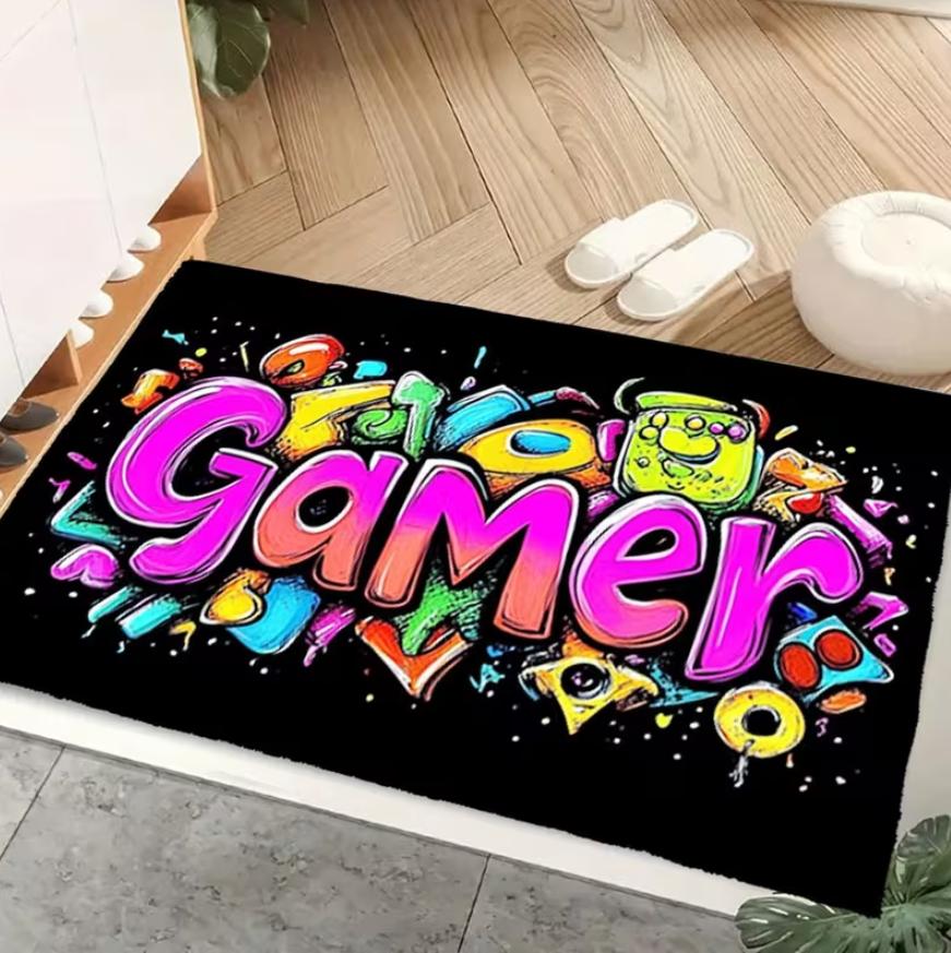 Colorful Graffiti Letters+"Gamer" Slogan Floor Mat At The Entrance, Soft and Absorbent Decorating Such Living Rooms Offices Etc