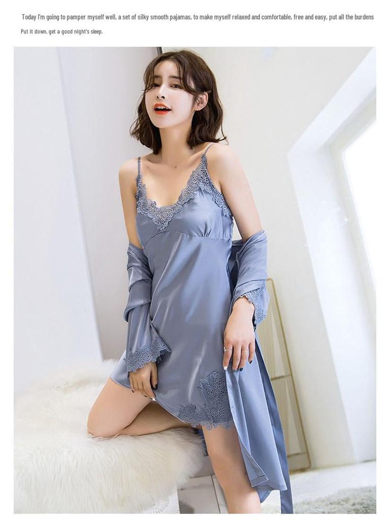 Women's Silk Five-Piece Pajama Set: Spring/Autumn Nightdress & Robe with Chest Pad