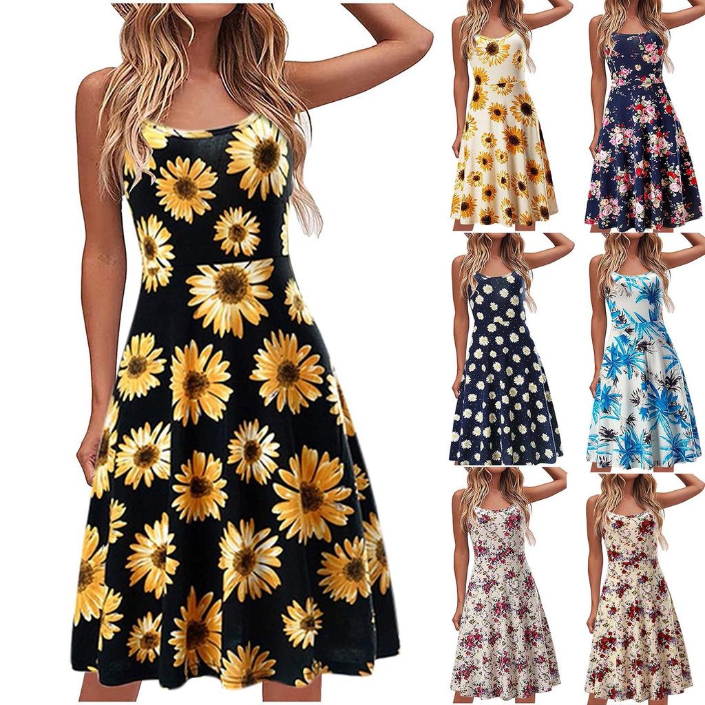 Fashion Womens Casual Loose Print Splicing Backless Sling Sleeveless Dress