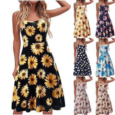 Fashion Womens Casual Loose Print Splicing Backless Sling Sleeveless Dress