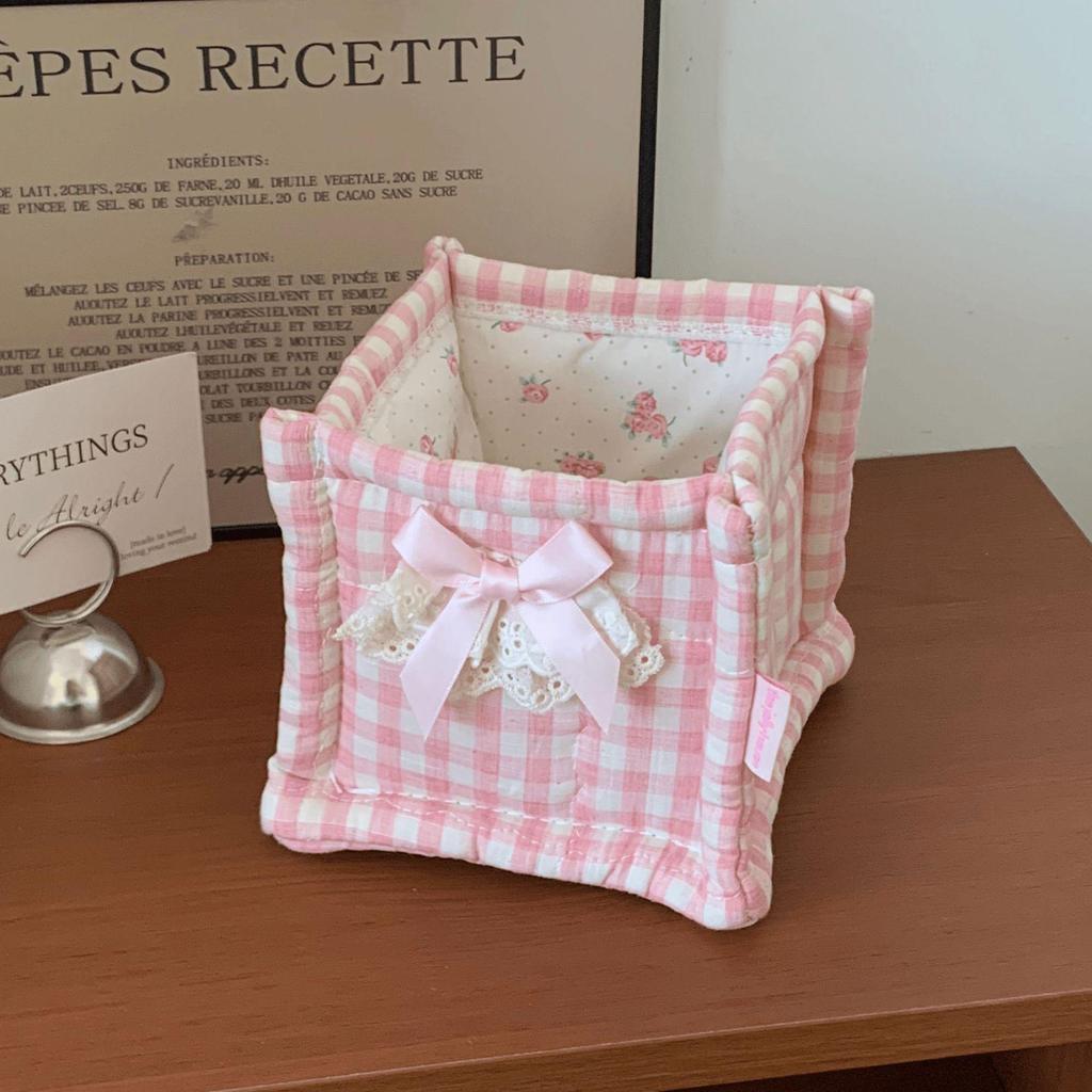 Korean Pink Plaid Quilted Storage Basket - Aesthetic Living Room & Bedside Organizer
