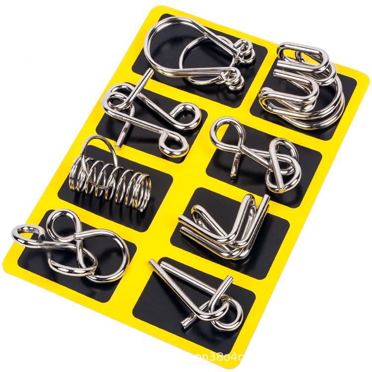 Nine-Link Luban Lock Puzzle: 8-Piece Metal Ring Set with Unlocking Toy Box