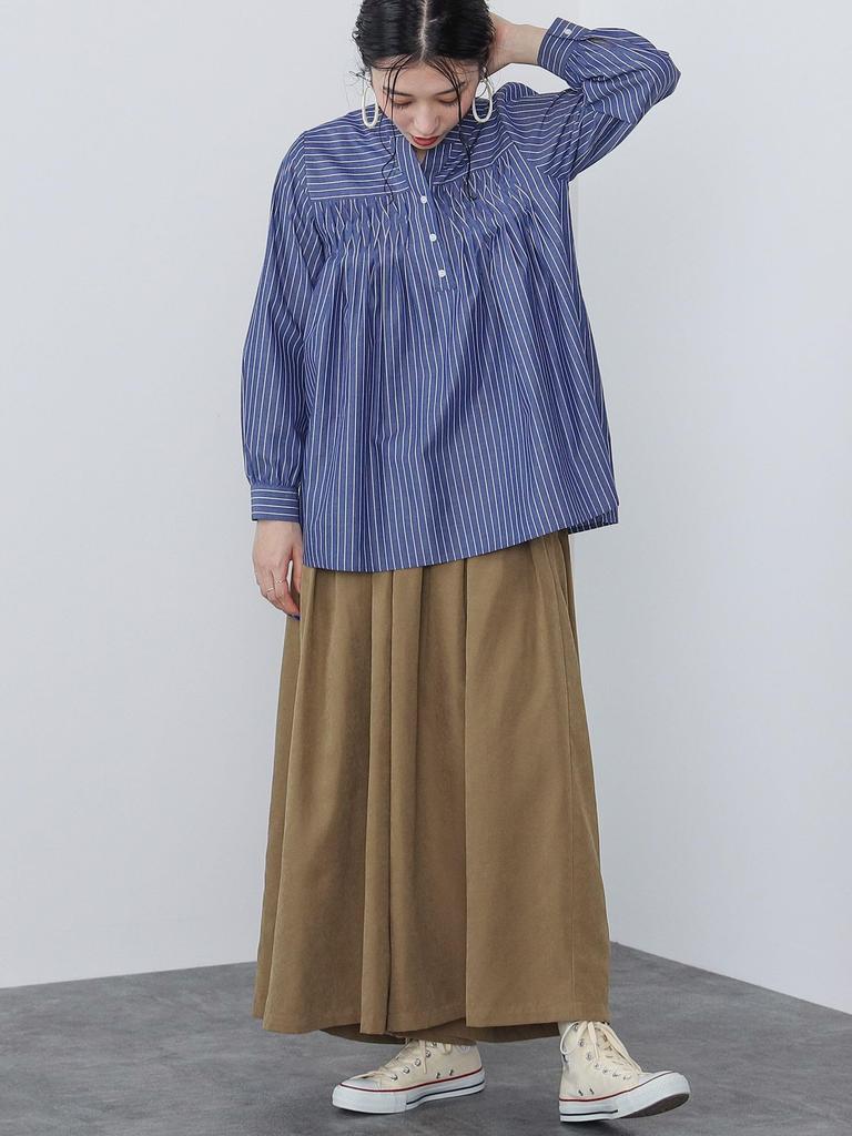 Beams Heart Modified Blouse Navy One Size Women's L/S Shirt, Tuck, No-Collar 2, Stripe,