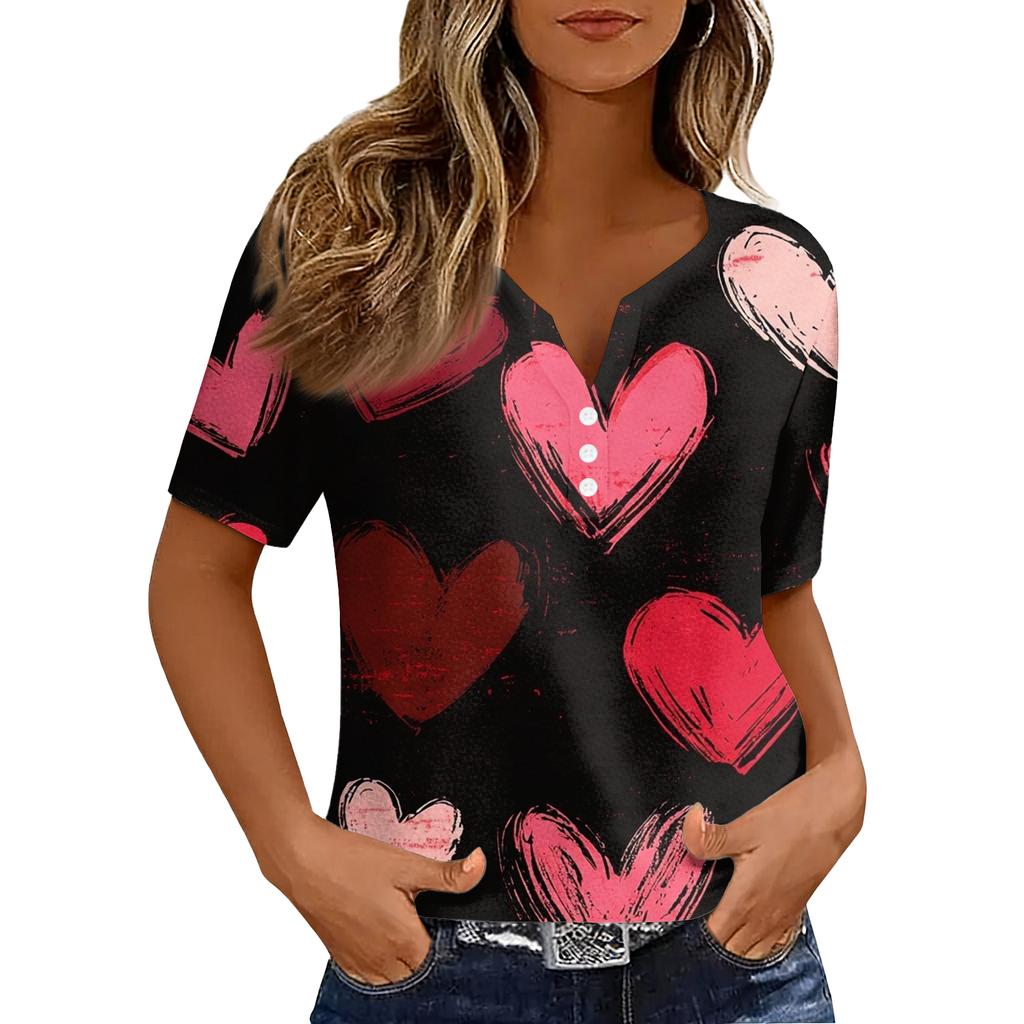 Women's T Shirt Tee Print Button Short Sleeve Daily Weekend Fashion Basic V, Neck Regular Top Valentine's Day