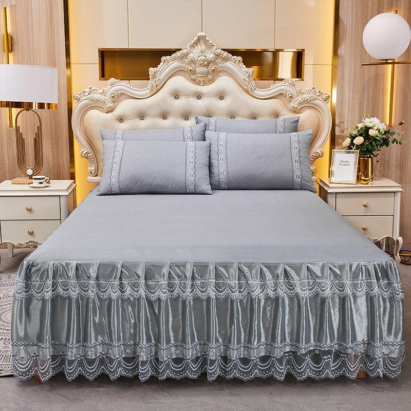3pcs Bed Skirt Set (Bed Skirt * 1+pillowcase * 2, Without Core),Solid Color Double-Layer Lace Bed Sheet Bedspread, All Season Universal Bedding Set