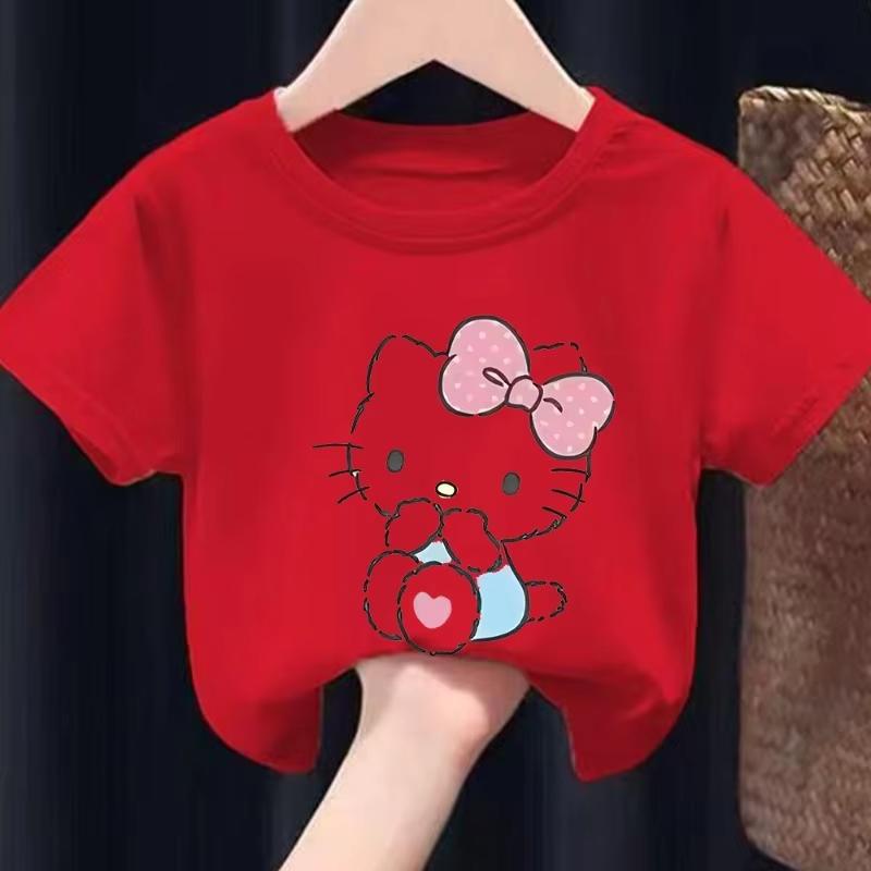 2026 New Trendy and Cool Childrens Super Cute Katie Cat Print Comfortable and loose childrens and parents clothing Tshirt S