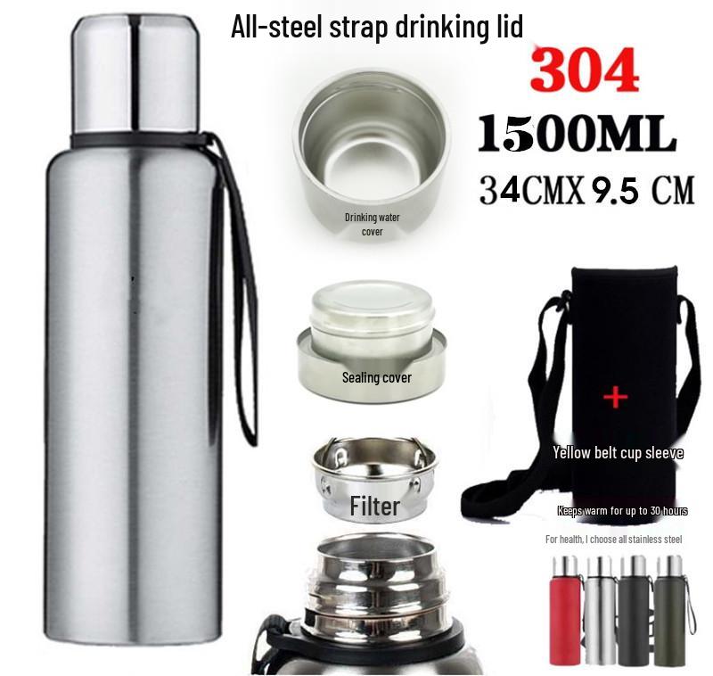 1.5L Russian 304 Stainless Steel Insulated Kettle with Dual Lids for Tea and Water Separation