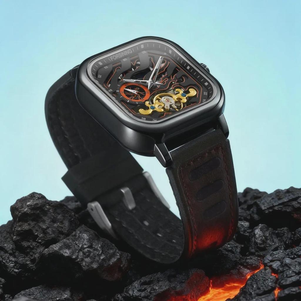 Forsining Fashion Mechanical Watch for Men Square Tourbillon Skeleton Automatic Watches Leather Rubber Strap Sports Wristwatches