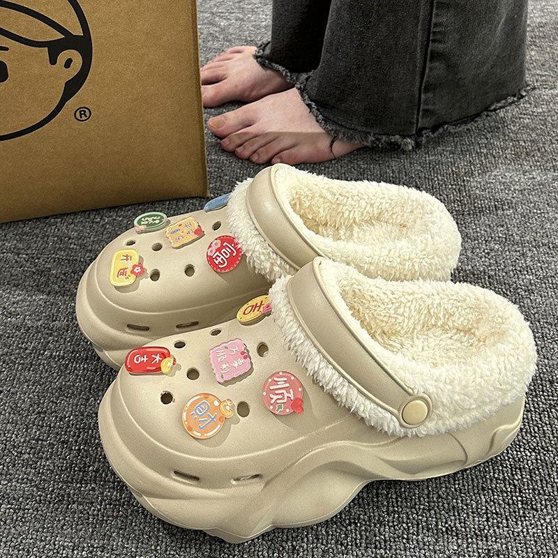New velvet hole shoes women's winter non-slip outer wear cotton shoes heightened thick-soled home removable cotton slippers