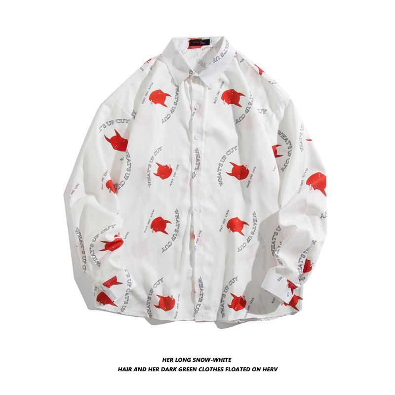 Men's Long-Sleeve Loose-Fit Shirt - Autumn/Summer Korean Style with Trendy Hong Kong Ins Print