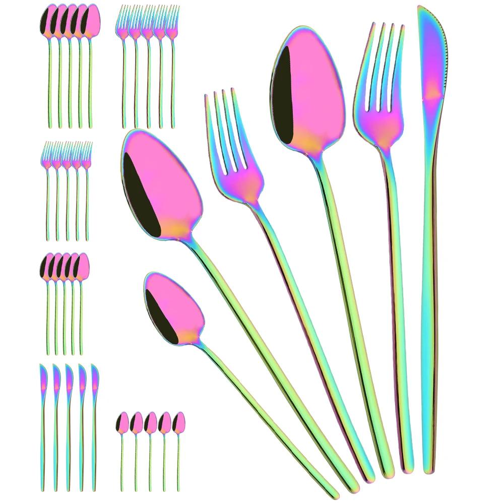 36Pcs Black Cutlery Sets Stainless Steel Knife Fork Spoon Tableware Dessert Mirror Flatware Set Festival Kitchen Dinnerware Gift