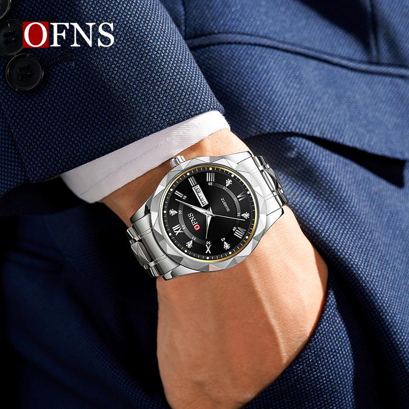 OFNS Herren Quarz Business Uhr: 3D Römische Ziffern, Doppelkalender, Wasserdicht, Edelstahlarmband.