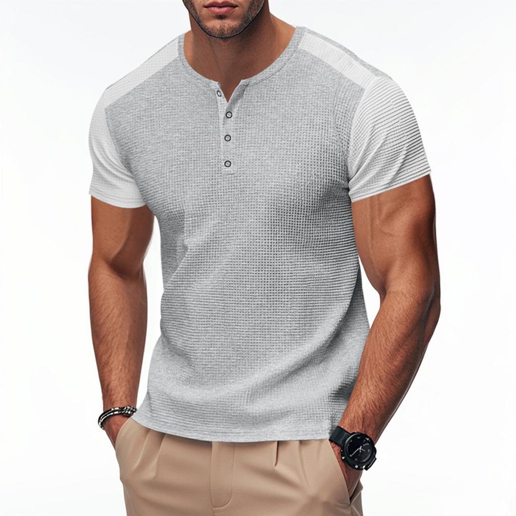 Men's Round Neck Single-Breasted Color-Blocked Casual Sports Short-Sleeve Top