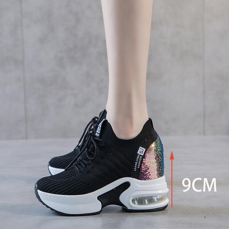 Women's Shoes Spring New Inner Heightening Platform Casual Sports Shoes Lace-up Fashionable Breathable Mesh Shoes