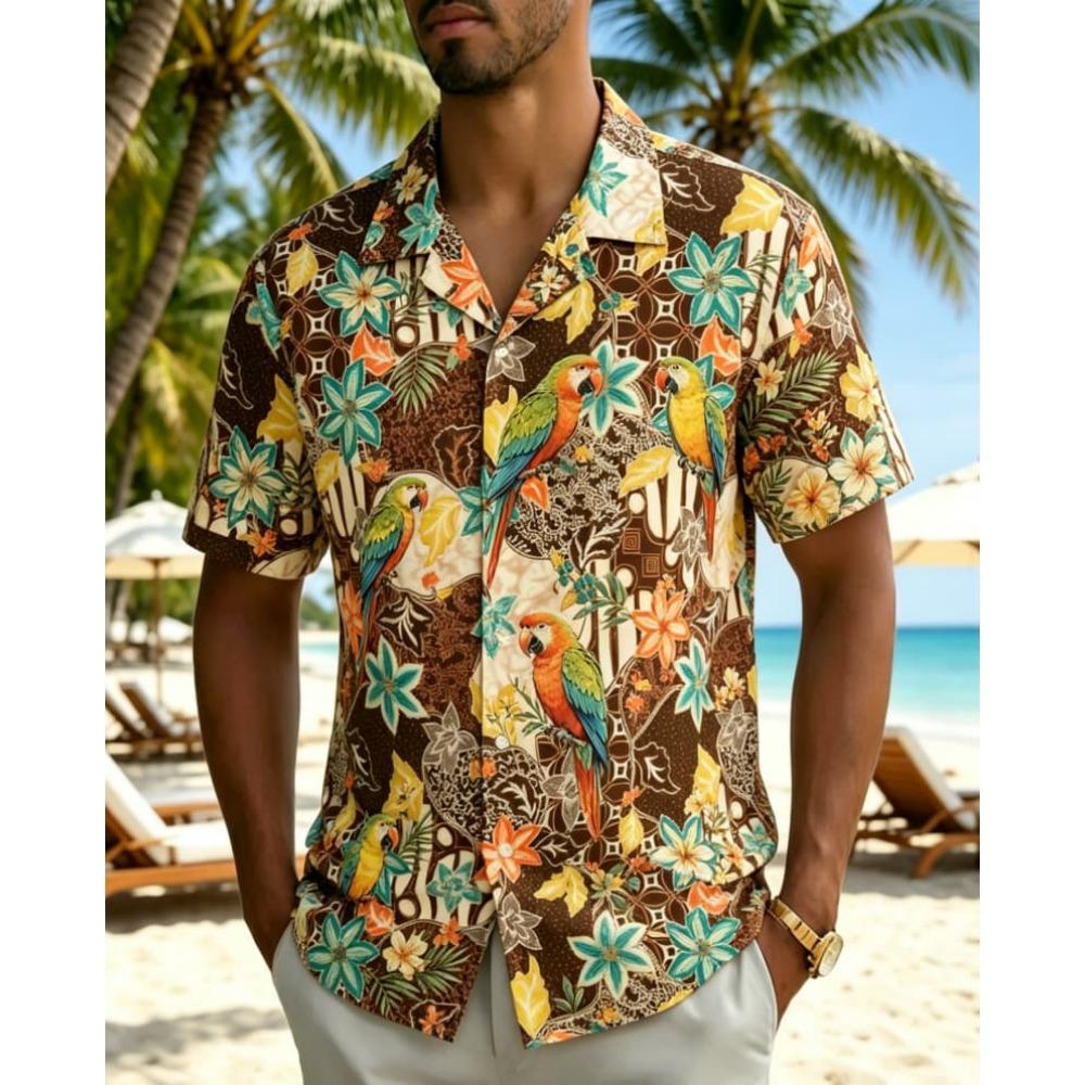 Męska koszula z tropikalnym kwiatowym wzorem, vintage, batik, letnia, casualowa, plażowa
