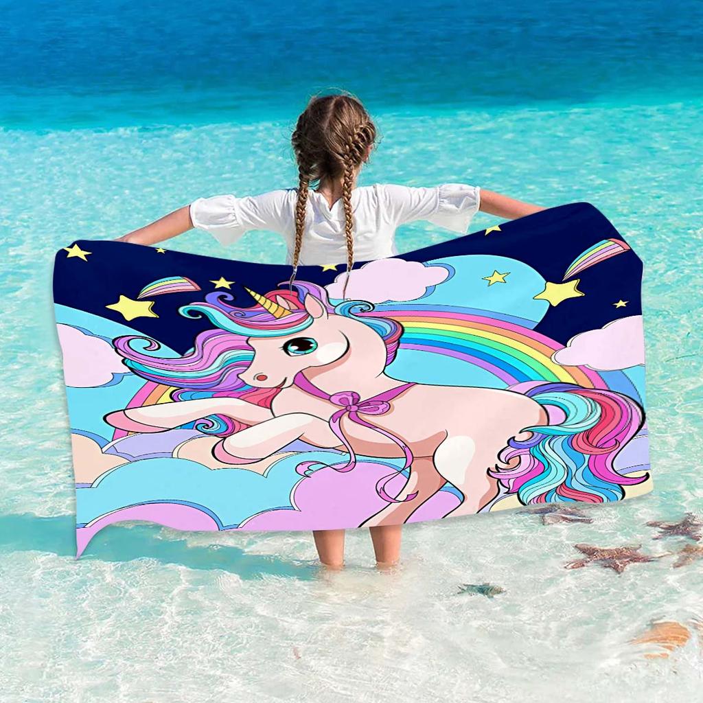 Name Custom Cartoon Beach Towel Cute Unicorn Soft Microfiber Travel Camp Towel Absorbent Quick-Drying Bath Towel Gift For Girl