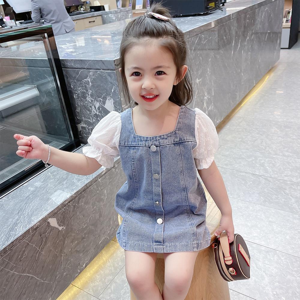 Children Dress Summer Girl's Denim Skirt with Strap Single Breasted Ruffle Short Sleeve Denim Skirt
