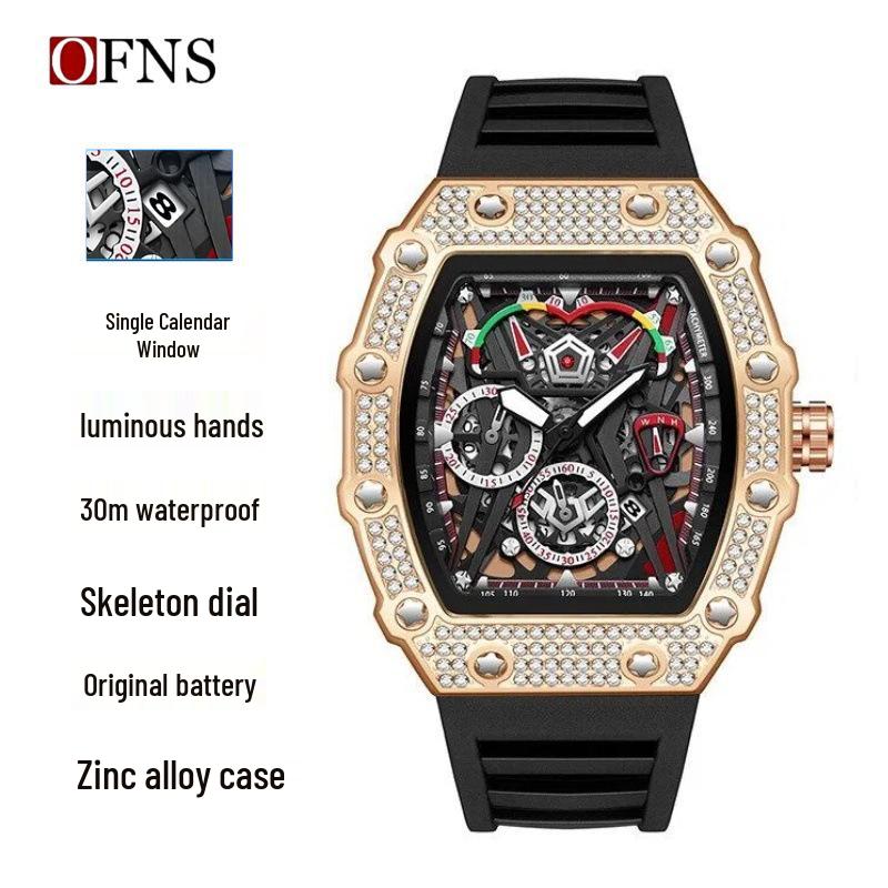 OFNS Men s Waterproof Luminous Quartz Watch - Diamond Inlaid, Three-Window Barrel Shape with Single Calendar.