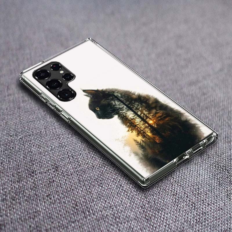 Forest and Cat Phone Case For Samsung Galaxy S24 S23 S21 S20 FE S22 S26 Ultra S25 Edge S10 Plus Cover Clear TPU Capa Shell Coque