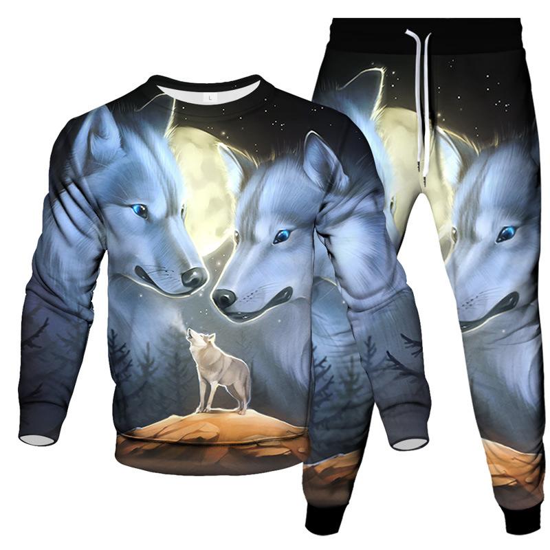Spring Autumn Dazzle Wolf 3D Print Sportswear Set Casual T Shirt Pants 2-Piece Set Oversize Pullover Hip Hop Unisex Clothing