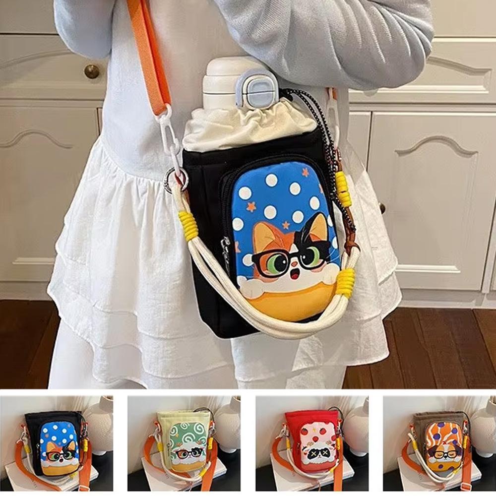 Cute Cartoon Print Water Bottle Bag Women's Commuter Satchel Soft Polyester Material Zipper Closure Vertical Shape Storage Bag