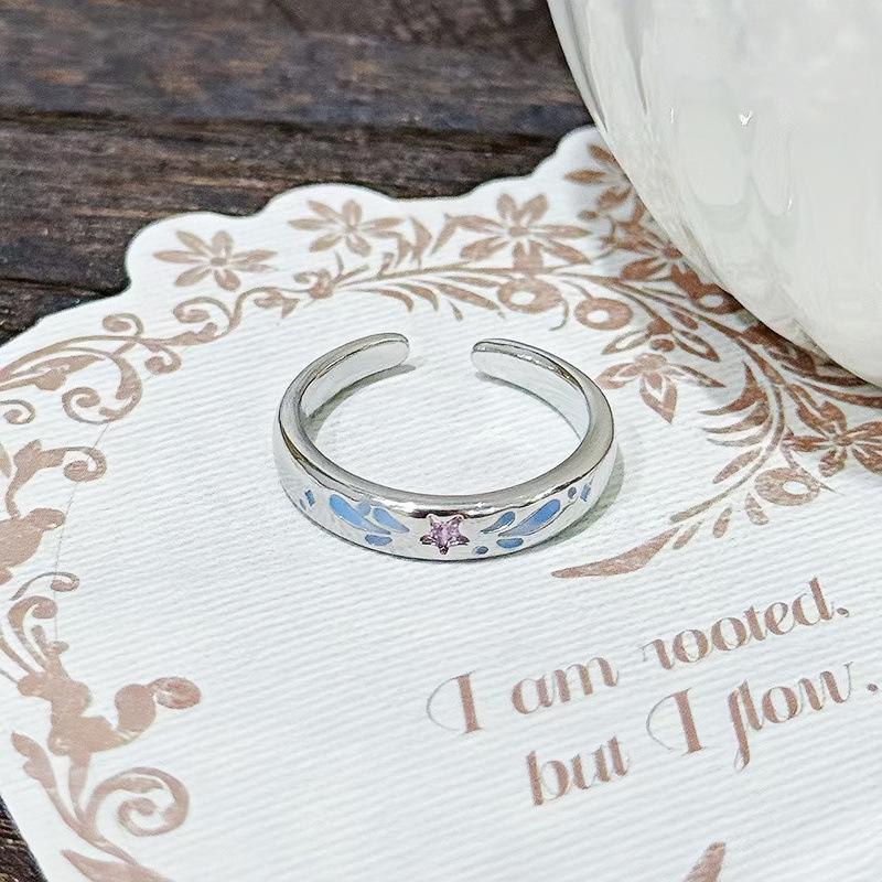 Four-Leaf Flower Lucky Pink Diamond Zircon Enamel Four-Leaf Clover Open Ring Super Flash Flower Light Luxury Index Finger Ring Female Adjustable opening