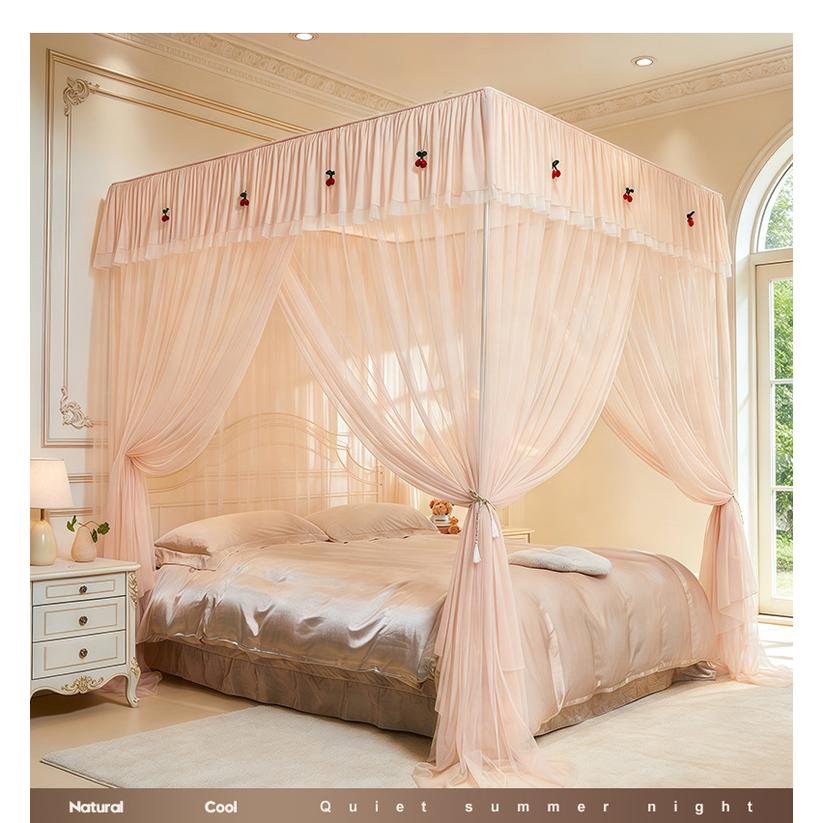 Solid Color Minimalist Princess Style Lace Triple Opening Floor Mosquito Net For Home Bedroom, Encrypted And Thickened