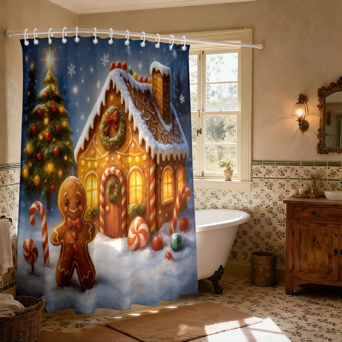 

1Pc Christmas House Gingerbread Man Printed Waterproof Shower Curtain Privacy Hanging Curtain With 12 Hooks Multi Size W60H190(CM)-1 Pcs