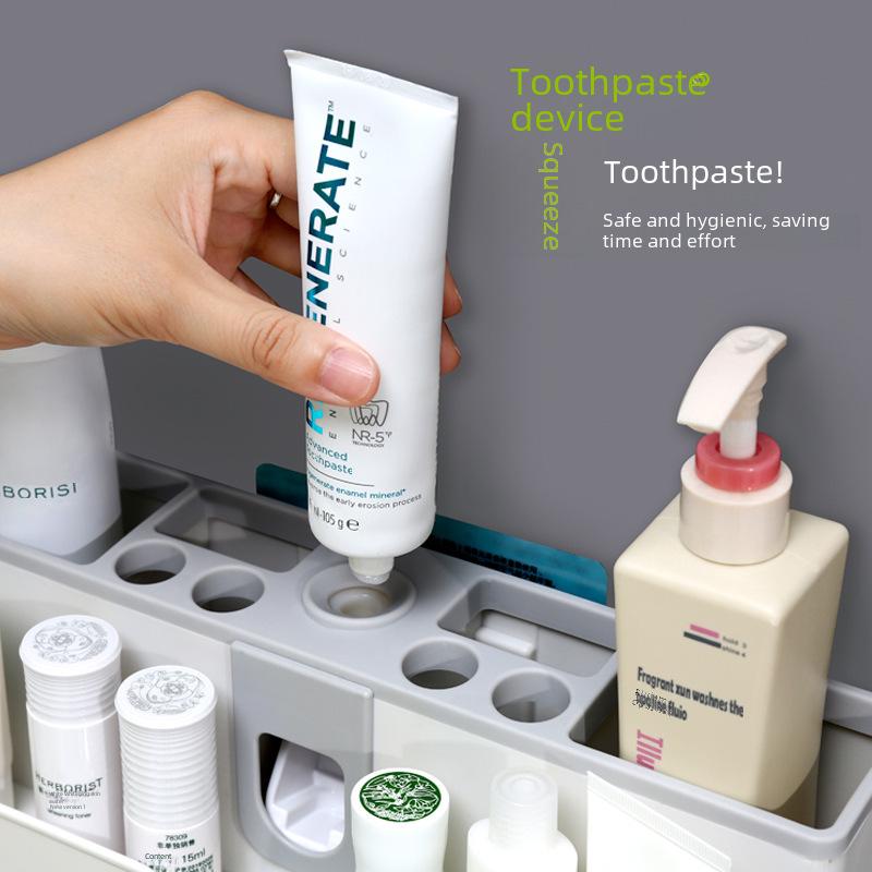 Punch-Free Wall-Mounted Toothbrush Rack with Automatic Toothpaste Dispenser and Mouthwash Cup
