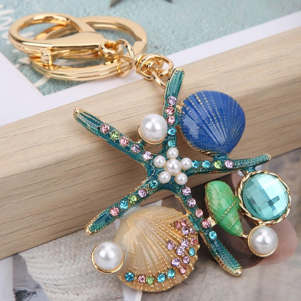 Ocean Series Rhinestone  Keyring Pendant Starfish Scallop Pearl Keychain Bag Decoration Gift