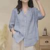 Summer Solid Color V-neck Shirt for Women Mid Sleeved Western-style Shirt for Women
