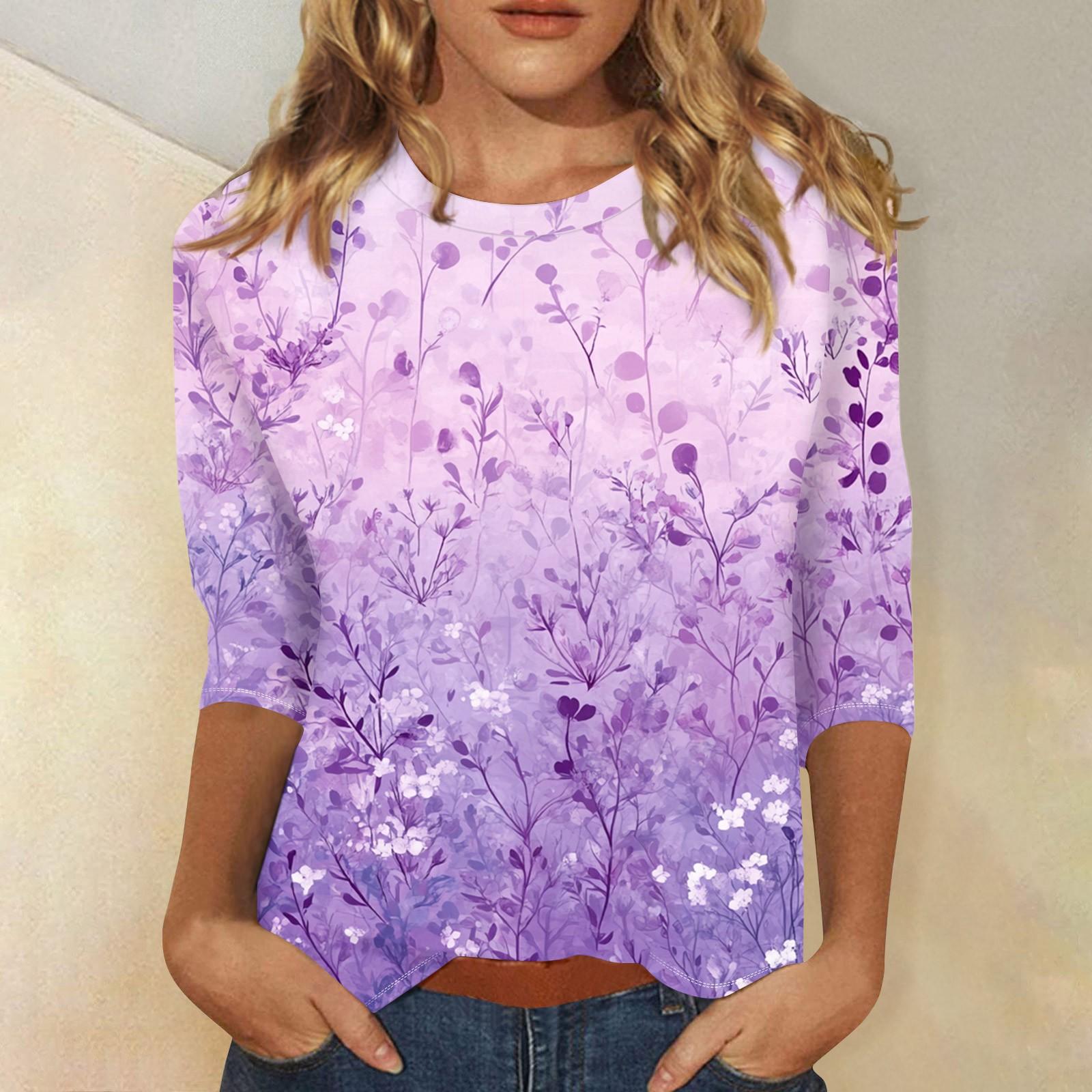 

Женская мода повседневная три четверти рукав винтажный цветочный принт круглый вырез топ XXL розовый