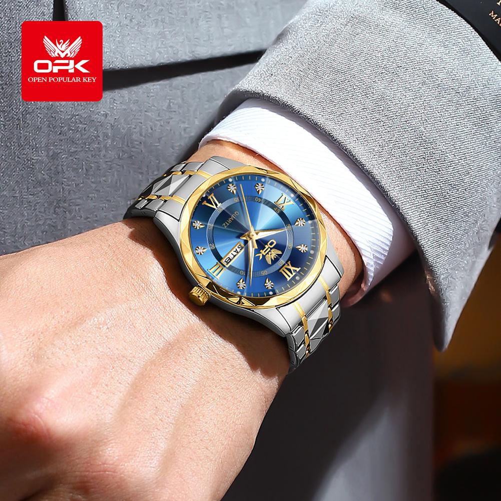 OPK Brand Original Men's Watches Waterproof Week Calendar Quartz Watch for Men Fashion Luminous Diamond Scale Watch