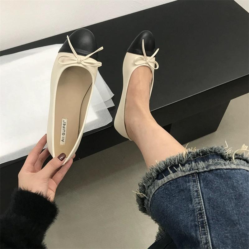 Fashion Women's Fashion Flat Shoes Spring New Round Head Shallow Mouth Splicing Butterfly Knot Soft Sole Non-slip Single Shoes