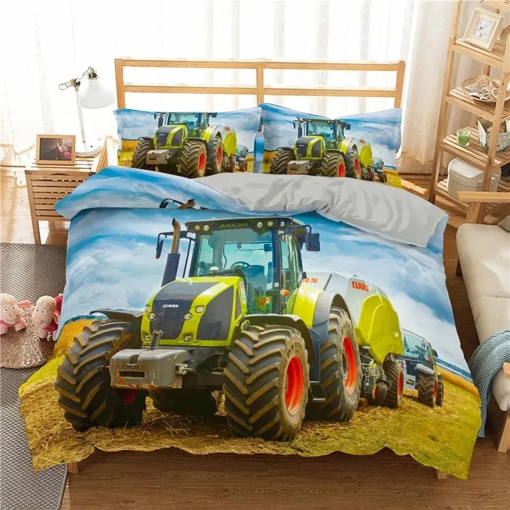 Retro Tractor King Queen Duvet Cover Car Bedding Set Engineering Vehicle Quilt Cover Farm Tool Cart 2-3Pcs Polyester Quilt Cover