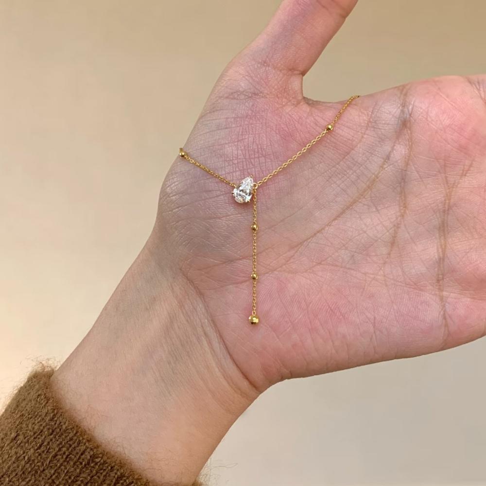 Stainless Steel Waterproof Gold Silver Color Y Shape Water Drop Zircon Pendant Necklace for Women Fashion Luxury Clavicle Chain