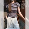 American Retro Striped Front Shoulder Crew Neck Short-sleeved T-shirt Women's Summer New Spice Girl Slim-fit Waist Top