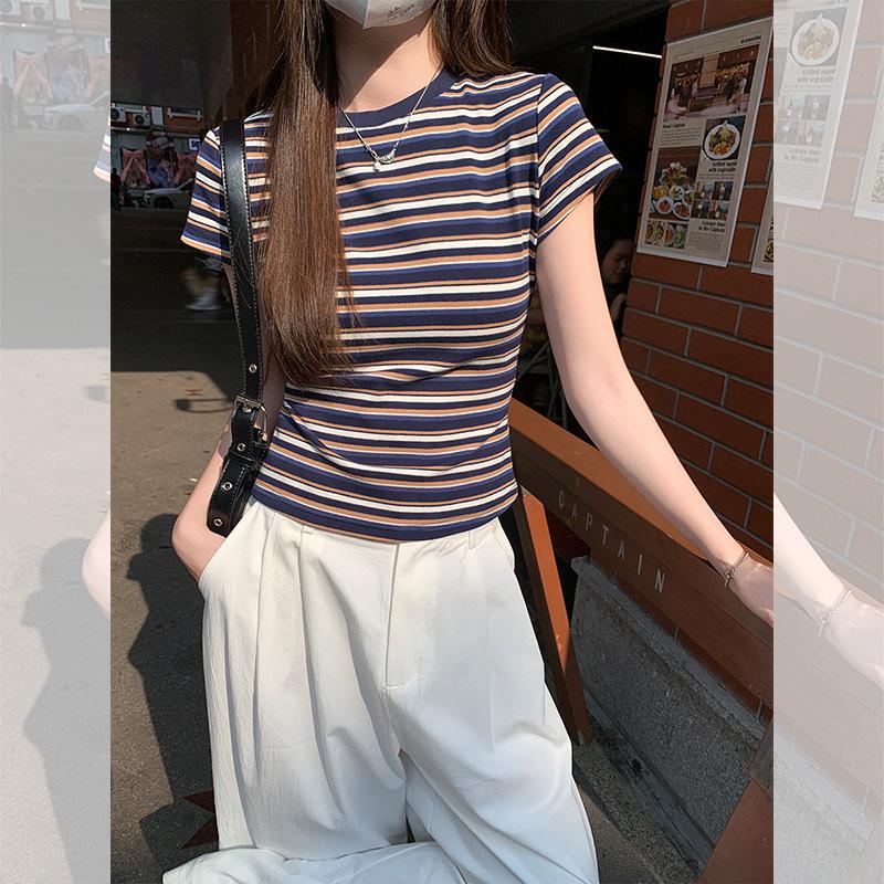 American Retro Striped Front Shoulder Crew Neck Short-sleeved T-shirt Women's Summer New Spice Girl Slim-fit Waist Top